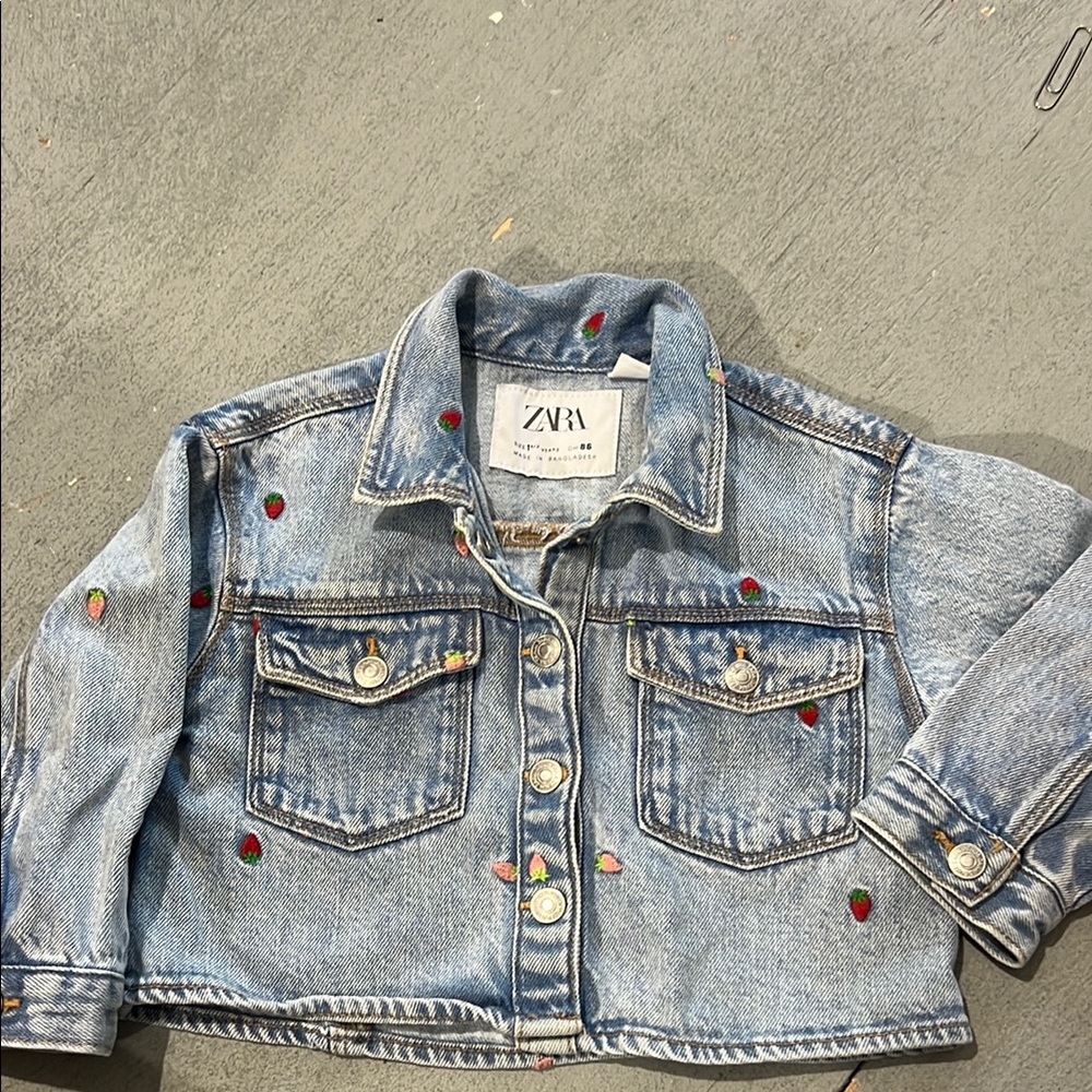 Zara Kids Light Blue Denim Jacket with strawberry Embroidery